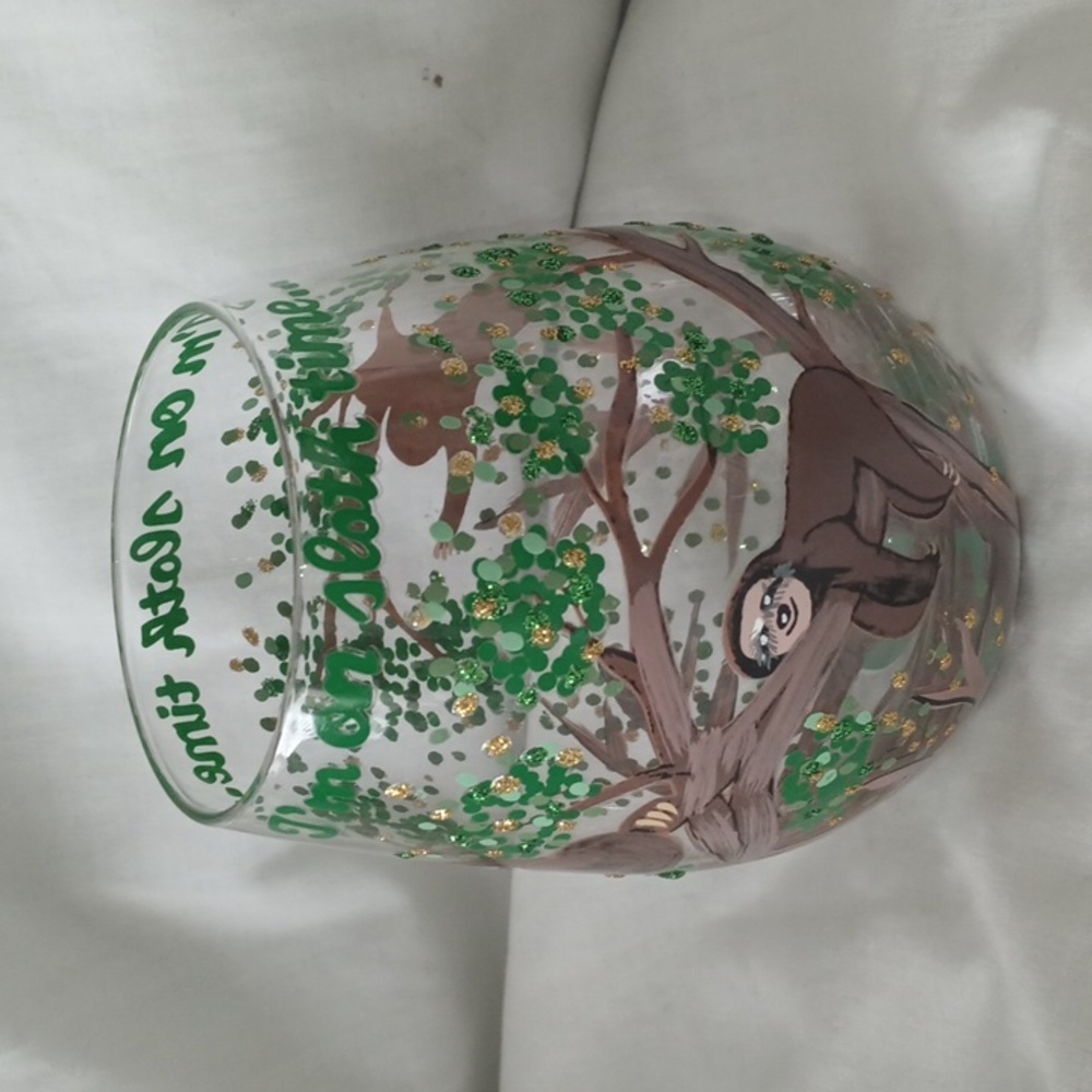 Wine Glass Stemless Sloth Time Hand-Painted Artisan 20 oz Cup Enesco Love New